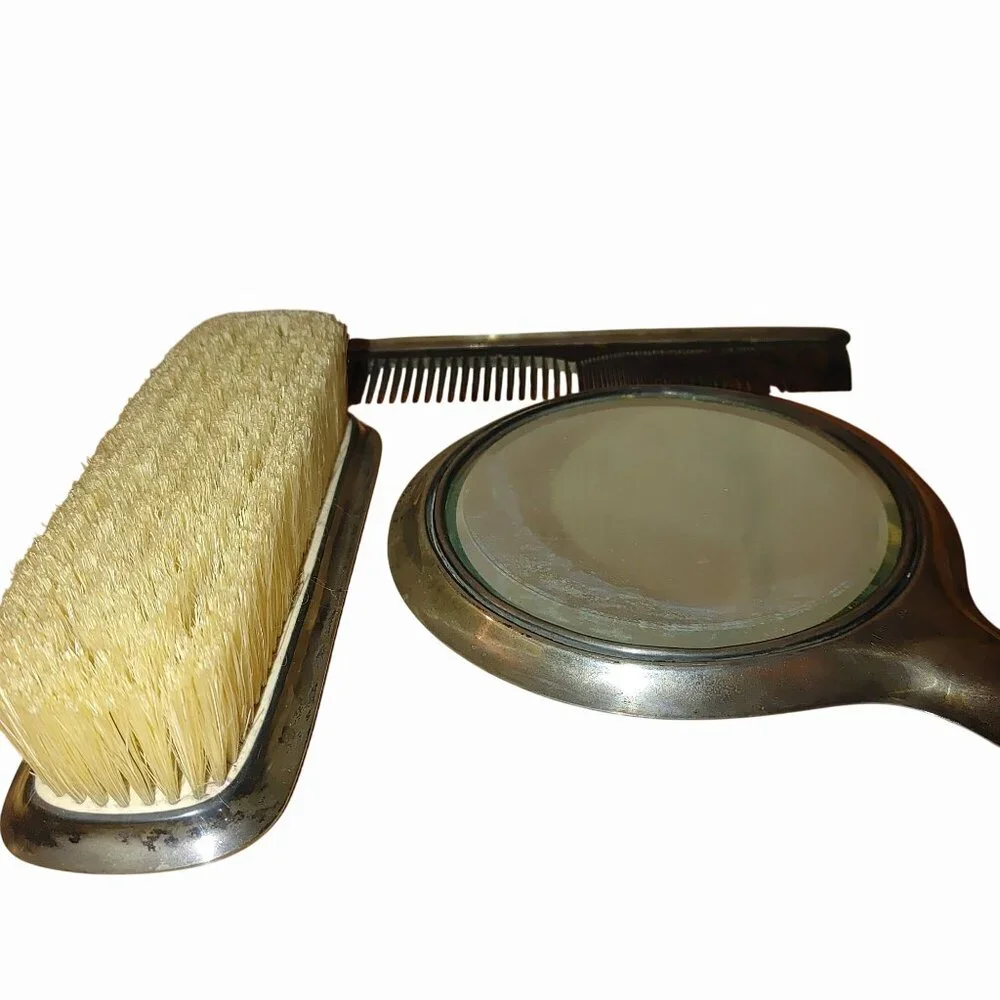 Lebolt 925 Sterling Antique Arts Crafts Hammered Silver Vanity Set Mirror Brush